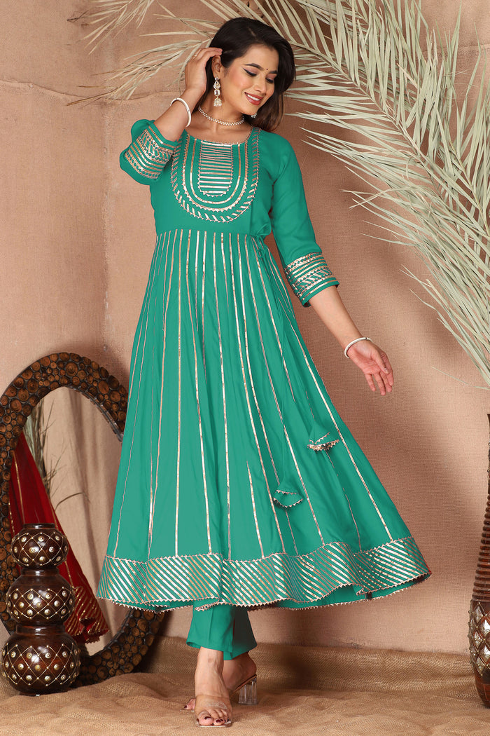 Sea Greenish Cyan Rayon Gota Work Anarkali Set