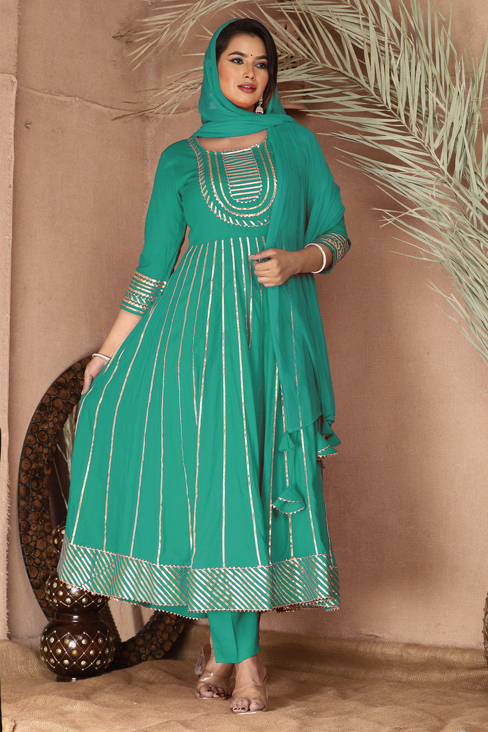 Sea Greenish Cyan Rayon Gota Work Anarkali Set