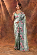 Seafoam Green Floral Silk Saree