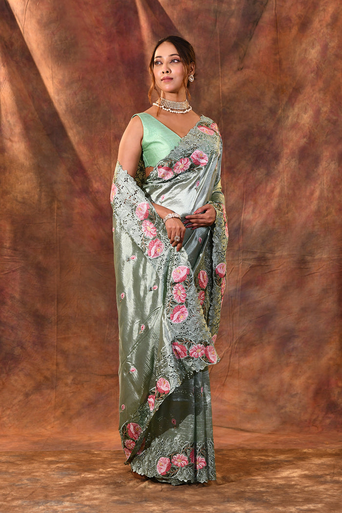 Seafoam Green Floral Silk Saree
