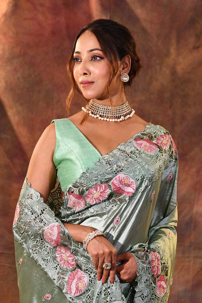 Seafoam Green Floral Silk Saree