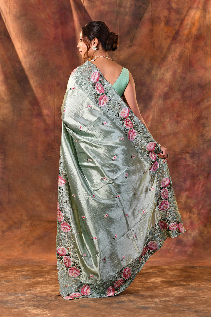 Seafoam Green Floral Silk Saree