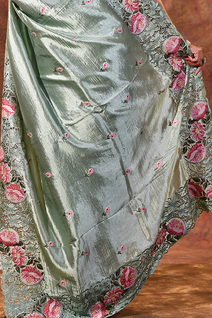 Seafoam Green Floral Silk Saree
