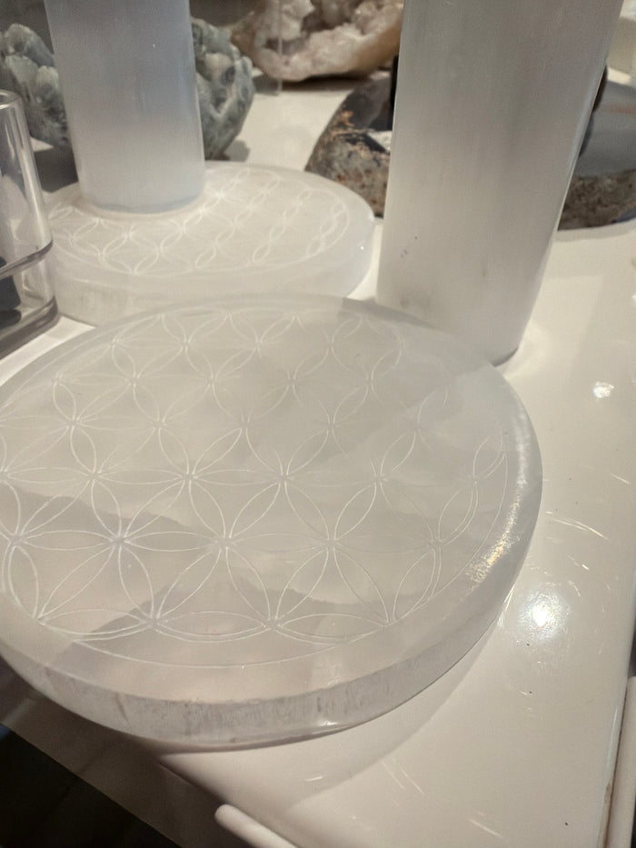Selenite Round Flower Of Life Bracelet Charging  SET