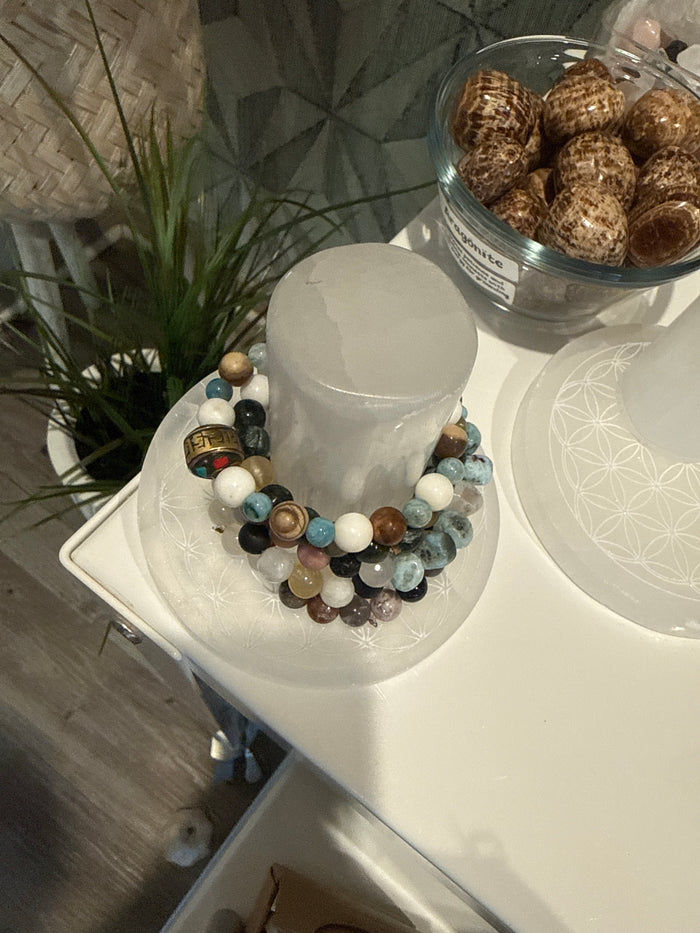 Selenite Round Flower Of Life Bracelet Charging  SET