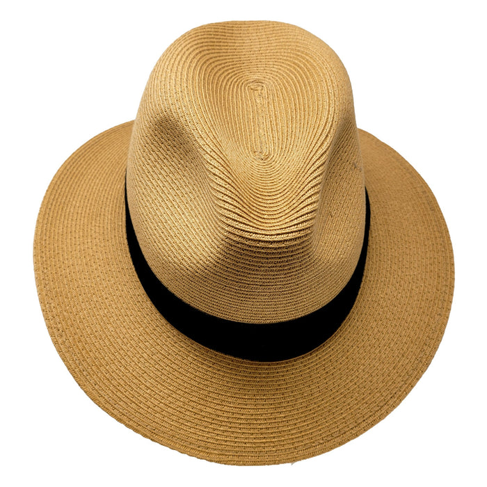 Beige straw hat with a black band on a white background