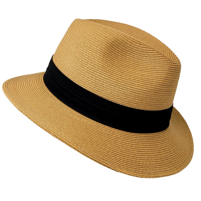 Beige straw hat with a black band on a white background