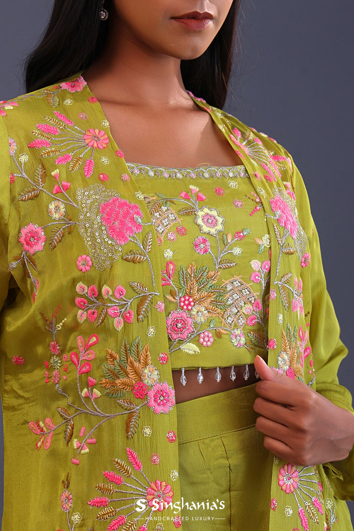 Sheen Green Crepe Silk Indo Western Choli Set