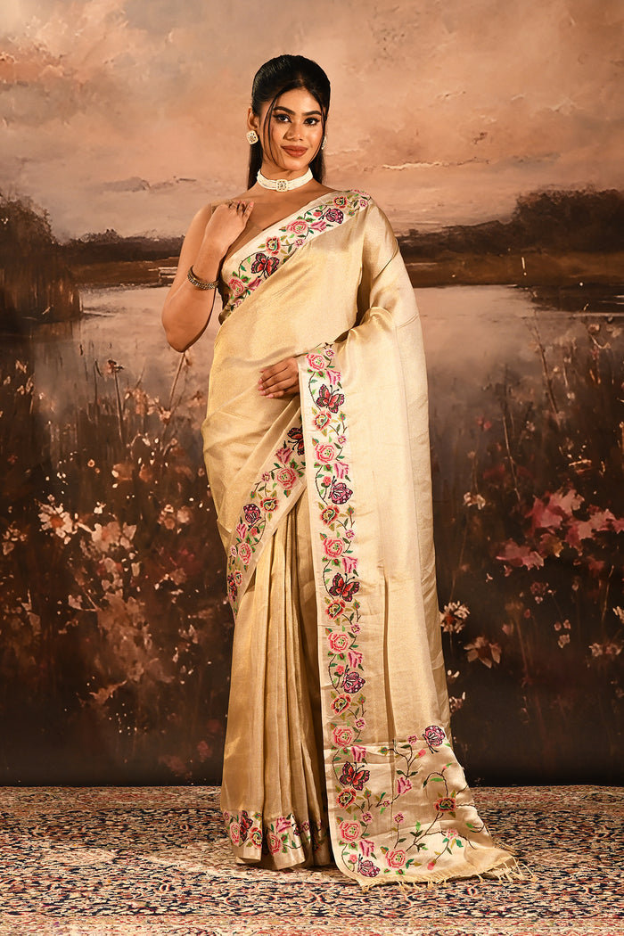 Shimmery Gold With Meenakari Floral Border Designer Tissue Saree