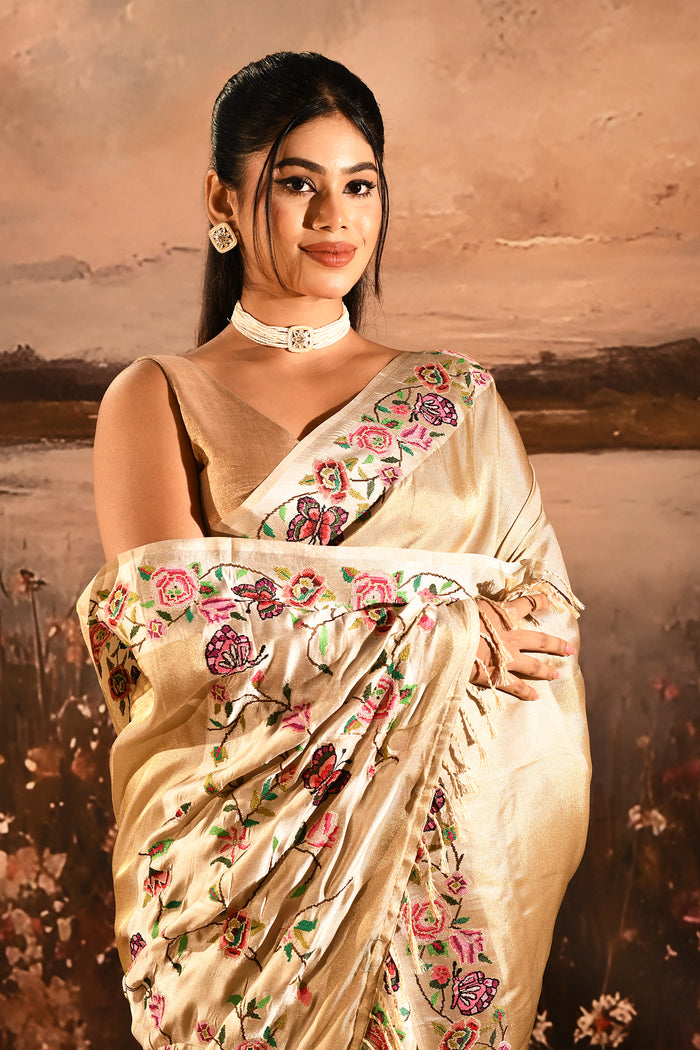 Shimmery Gold With Meenakari Floral Border Designer Tissue Saree