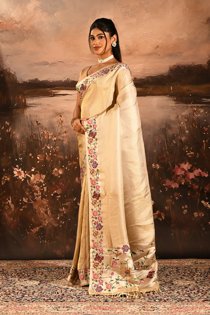 Shimmery Gold With Meenakari Floral Border Designer Tissue Saree