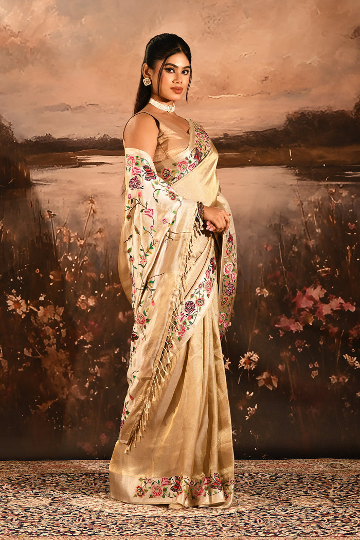 Shimmery Gold With Meenakari Floral Border Designer Tissue Saree