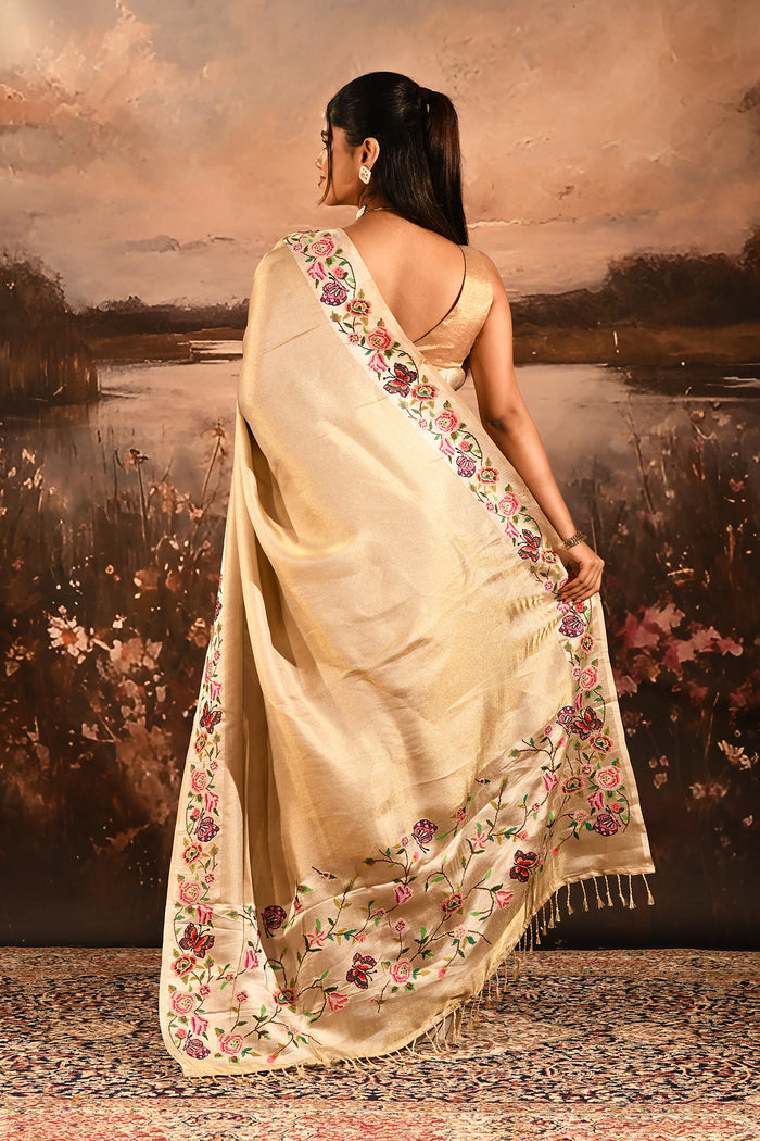 Shimmery Gold With Meenakari Floral Border Designer Tissue Saree