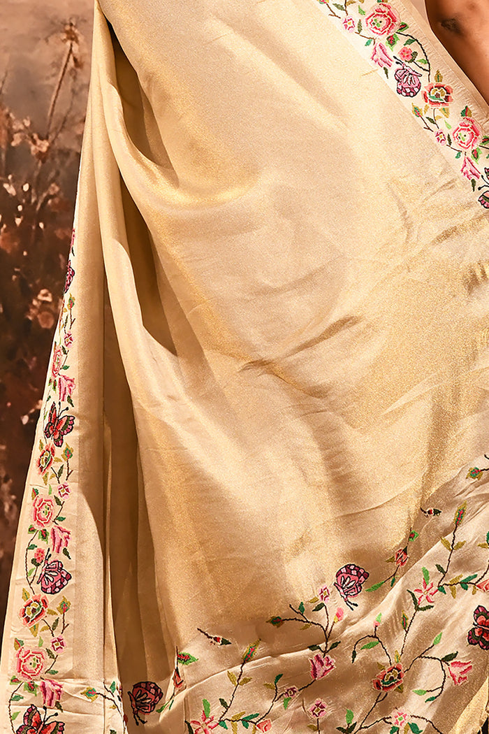 Shimmery Gold With Meenakari Floral Border Designer Tissue Saree