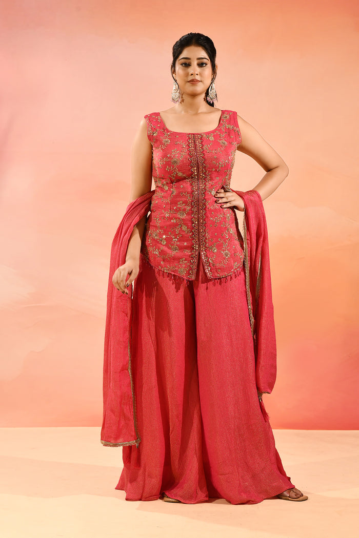 Shimmery Pink Floral Jaal Embroider Straight Cut Set