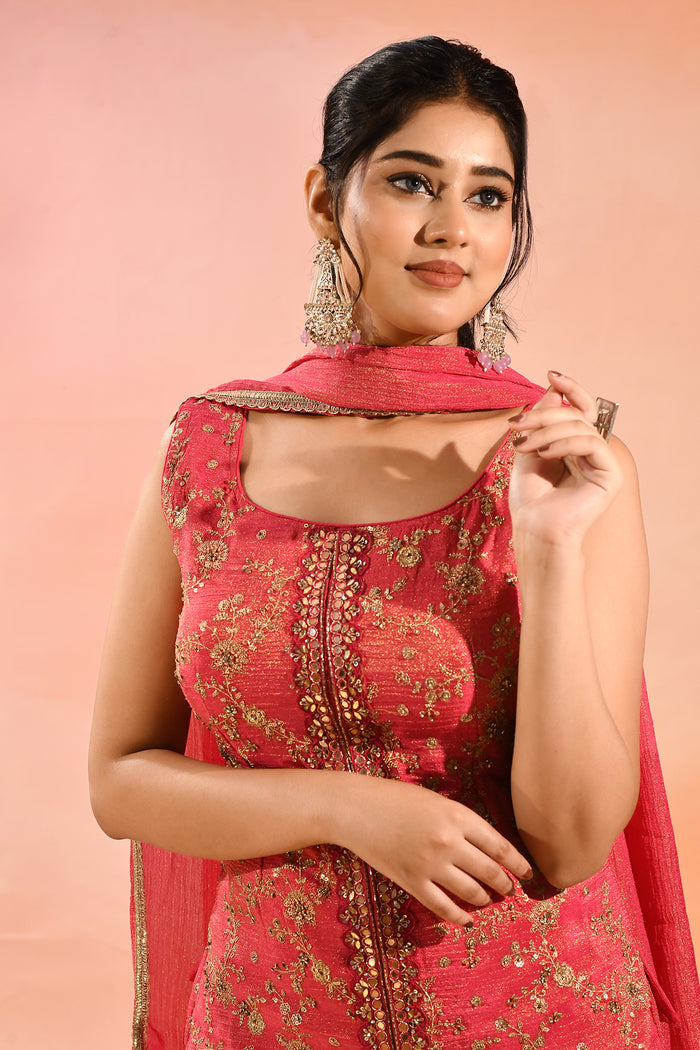 Shimmery Pink Floral Jaal Embroider Straight Cut Set