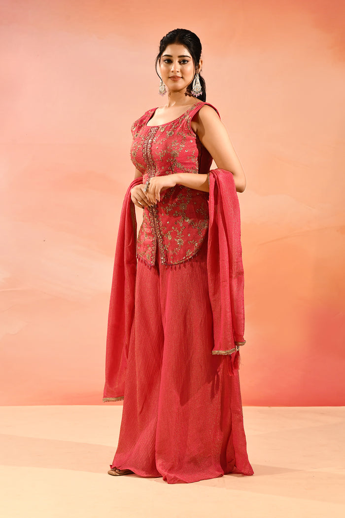 Shimmery Pink Floral Jaal Embroider Straight Cut Set