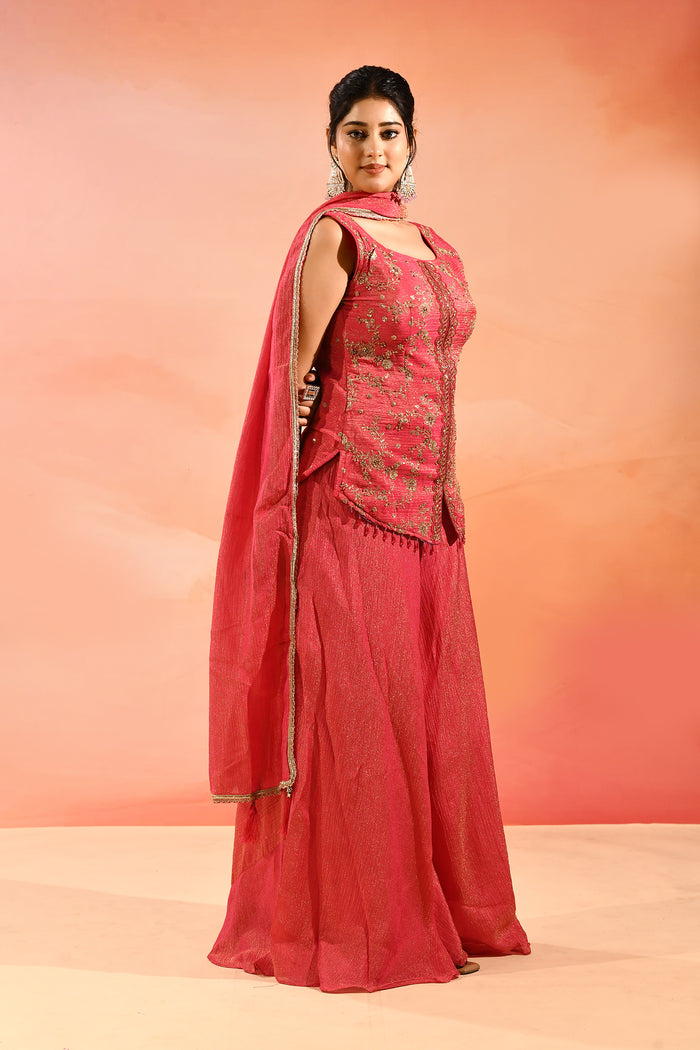 Shimmery Pink Floral Jaal Embroider Straight Cut Set