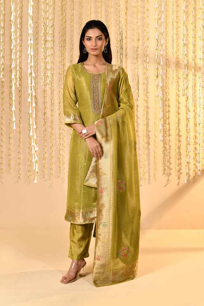 Shiny Mehendi Green Tissue Kurta Set