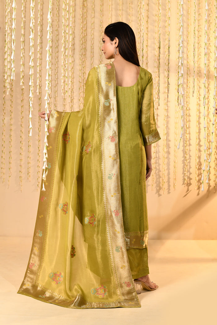 Shiny Mehendi Green Tissue Kurta Set