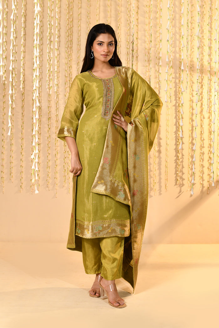 Shiny Mehendi Green Tissue Kurta Set