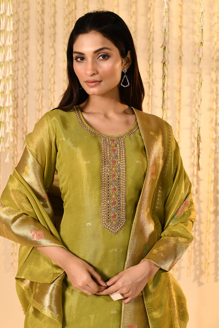 Shiny Mehendi Green Tissue Kurta Set