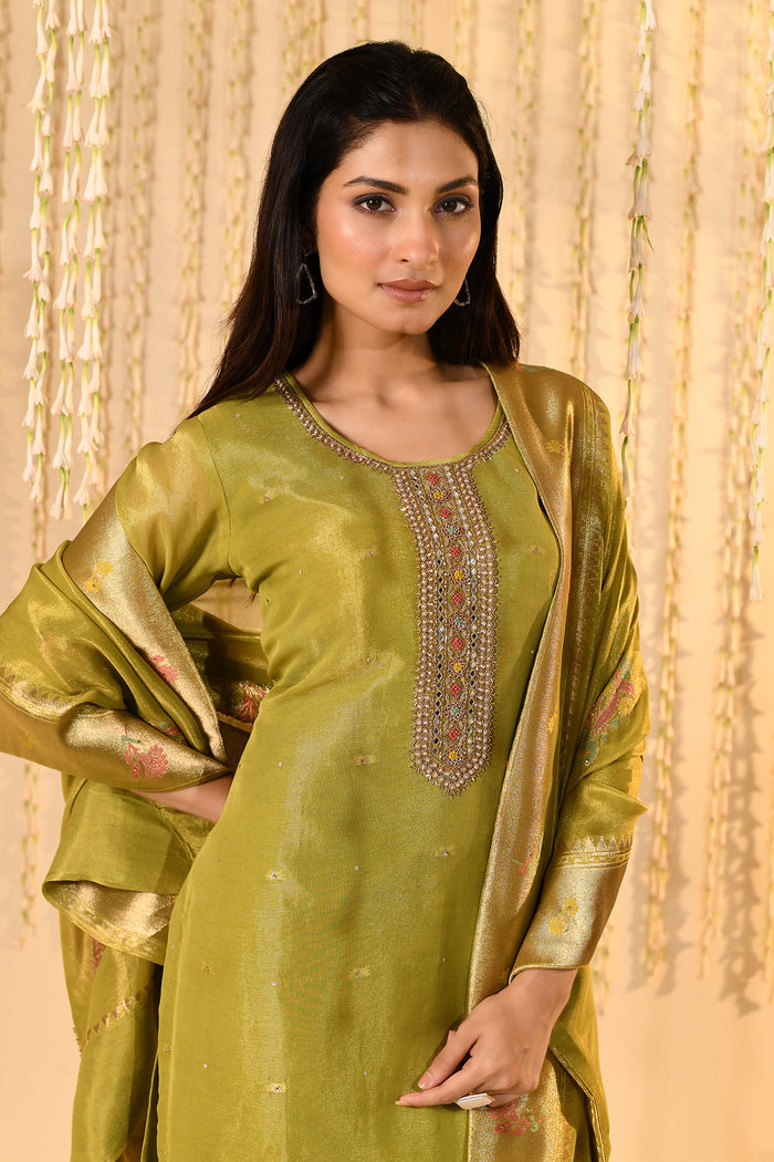 Shiny Mehendi Green Tissue Kurta Set