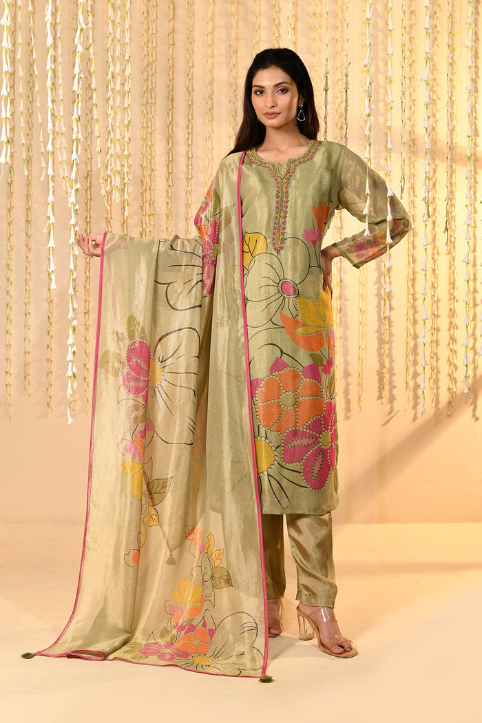 Shiny Pastel Green Floral Tissue Kurta Set