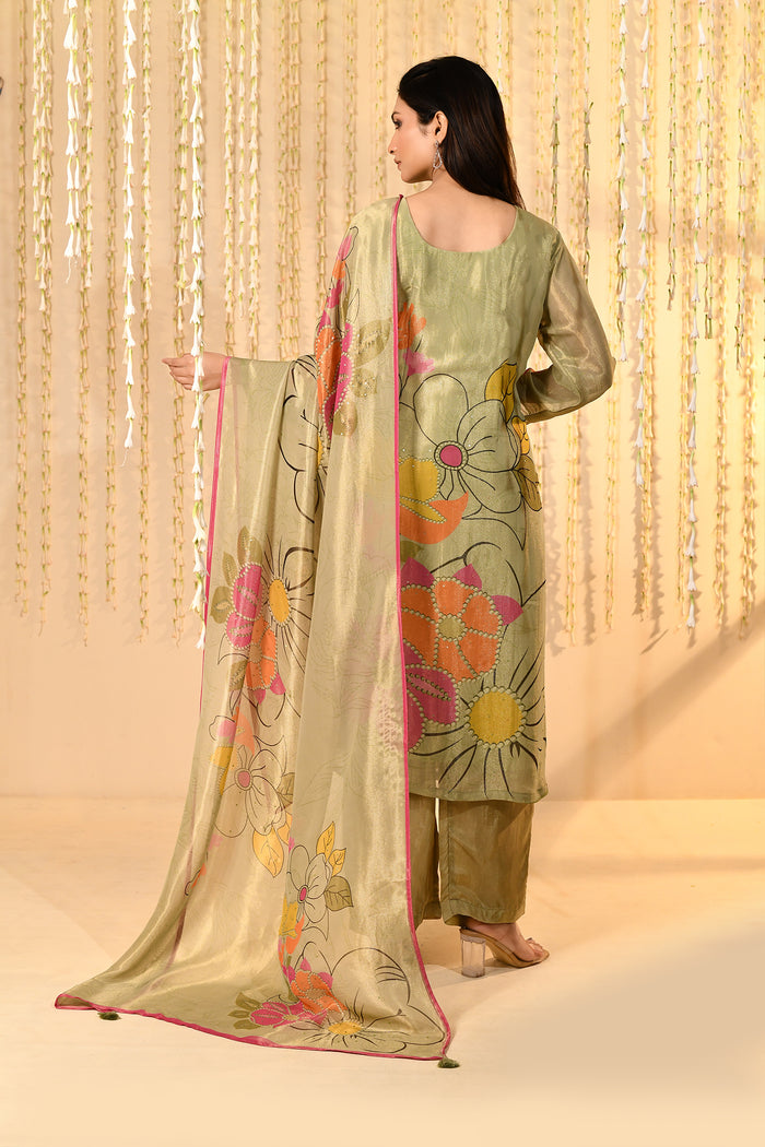 Shiny Pastel Green Floral Tissue Kurta Set