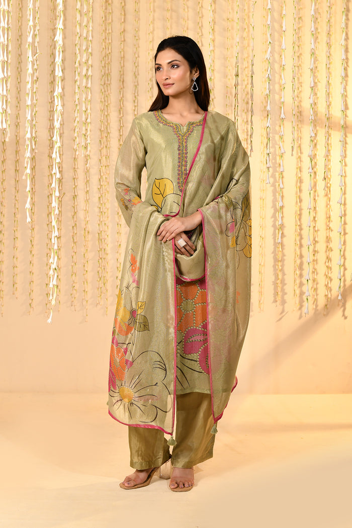 Shiny Pastel Green Floral Tissue Kurta Set