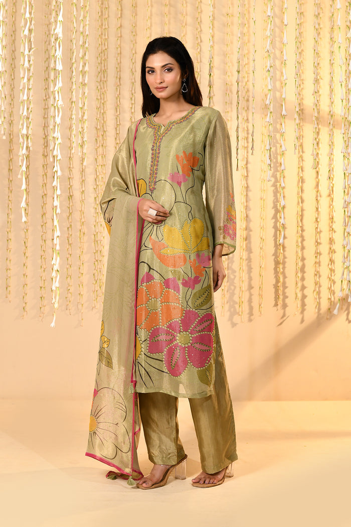 Shiny Pastel Green Floral Tissue Kurta Set
