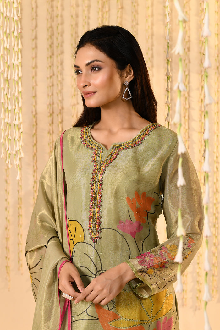 Shiny Pastel Green Floral Tissue Kurta Set