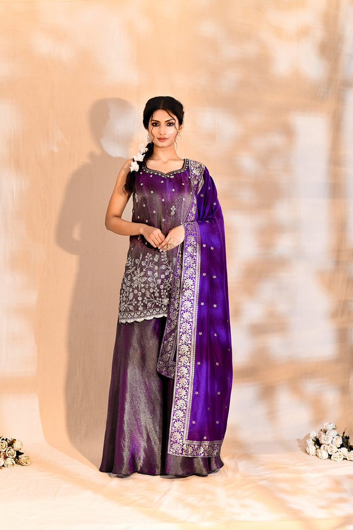 Shiny Purple Tissue Silk Embroidered Sharara Set