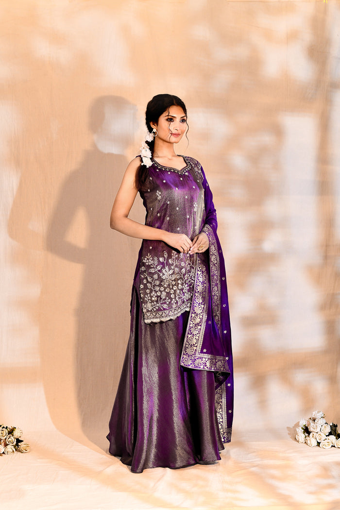 Shiny Purple Tissue Silk Embroidered Sharara Set