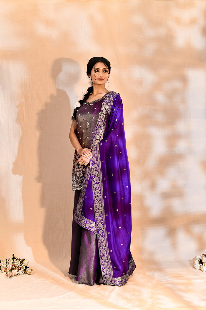 Shiny Purple Tissue Silk Embroidered Sharara Set