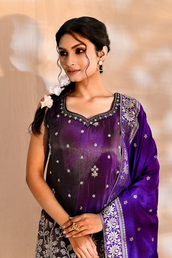 Shiny Purple Tissue Silk Embroidered Sharara Set