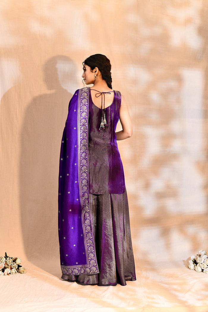 Shiny Purple Tissue Silk Embroidered Sharara Set