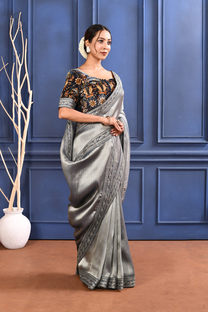 Silver Blue Tissue Saree With Embroidered Border