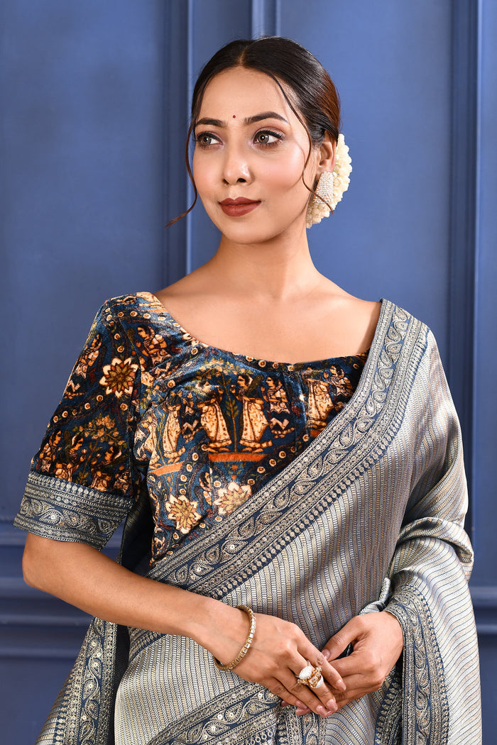 Silver Blue Tissue Saree With Embroidered Border