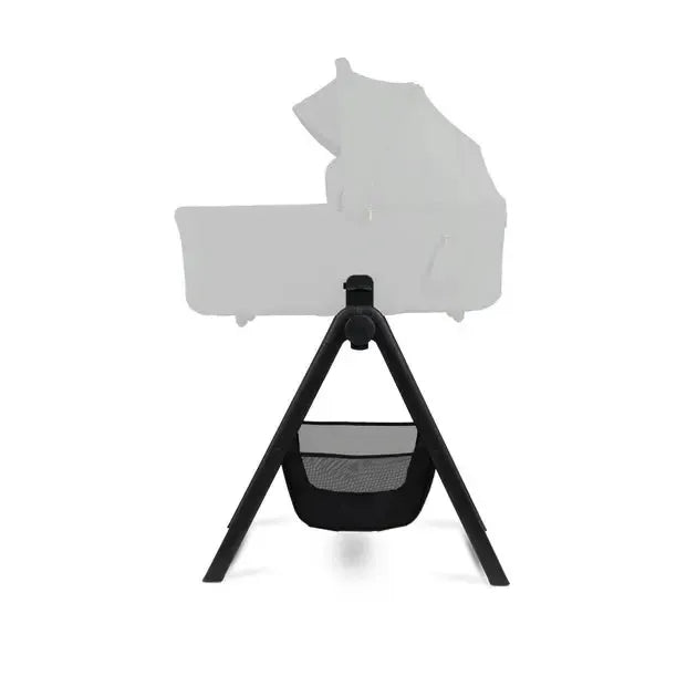 Black and gray bassinet stand with canopy on a white background
