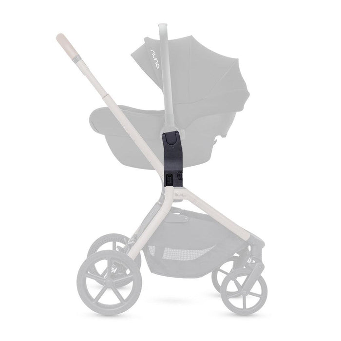 Gray stroller with a black car seat adapters on a white background