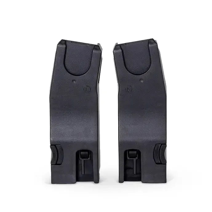 Two black car seat adapters on a white background