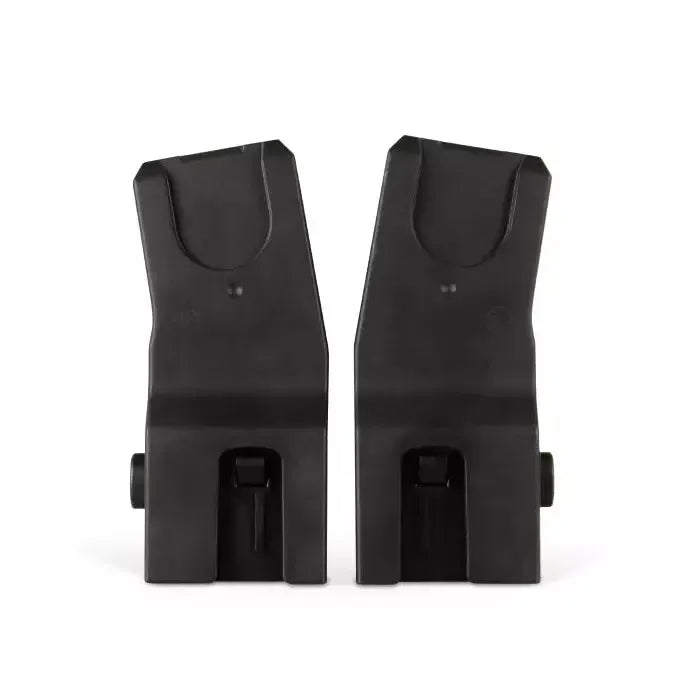Two black car seat adapters on a white background
