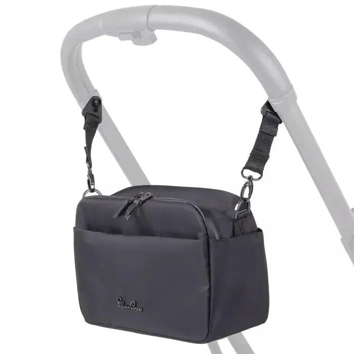 Black stroller bag attached to a stroller on a white background