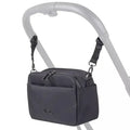 Black stroller bag attached to a stroller on a white background