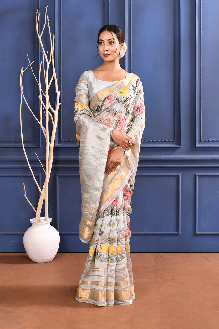 Silver Embroidered Silk Saree