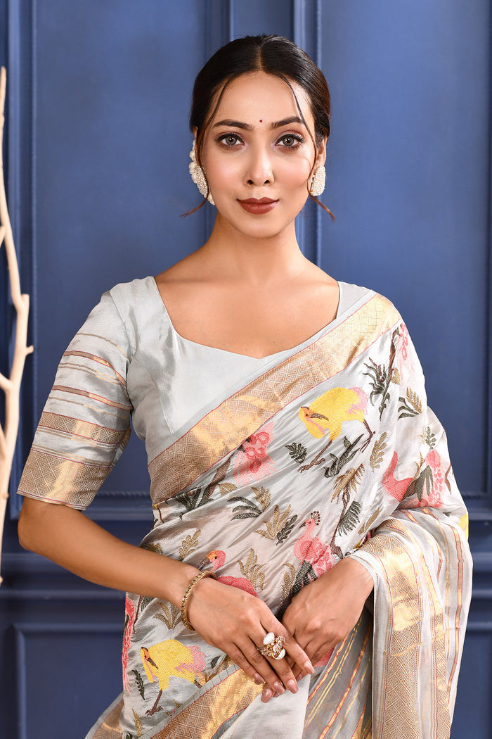 Silver Embroidered Silk Saree