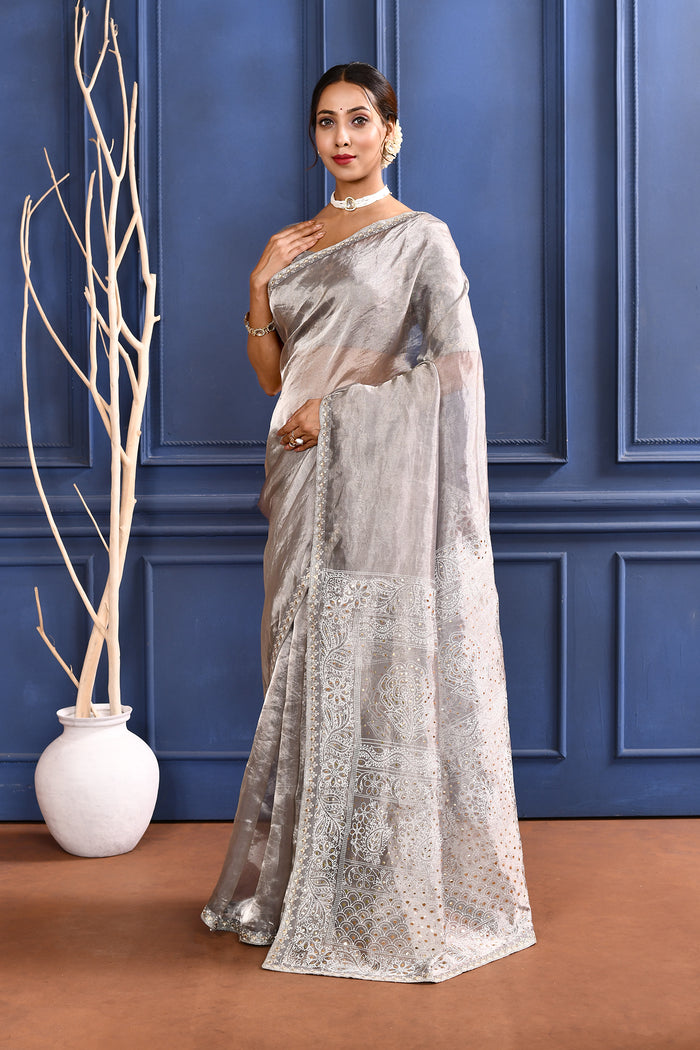 Silver Foil Printed Tissue Saree