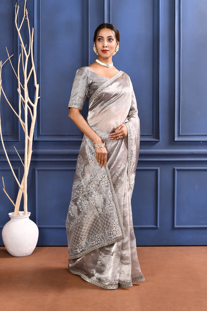 Silver Foil Printed Tissue Saree