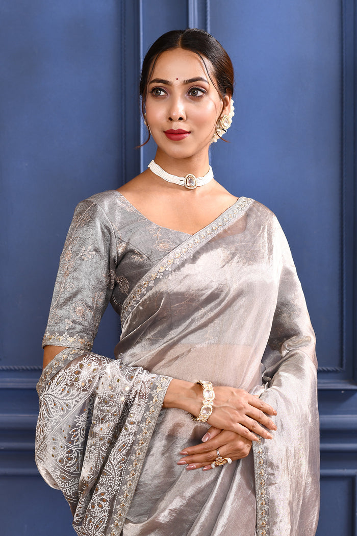 Silver Foil Printed Tissue Saree